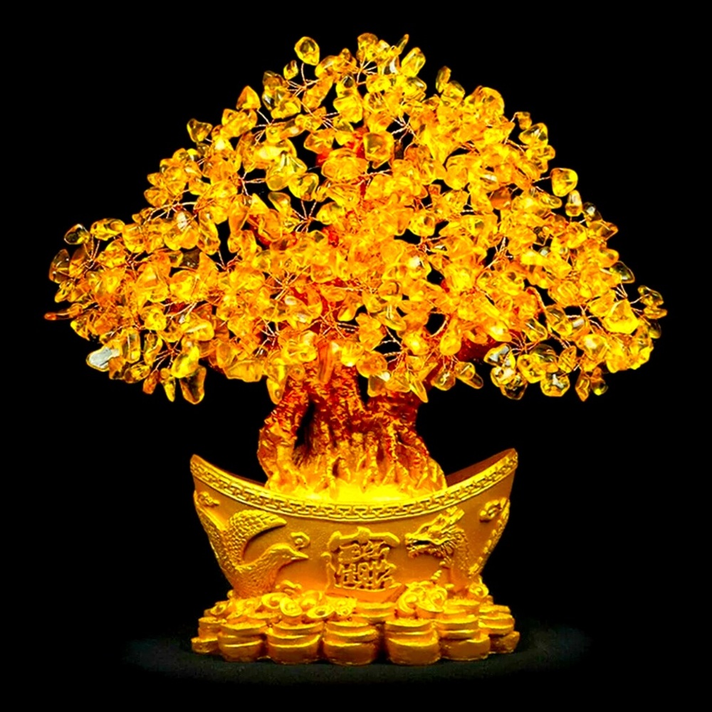 Citrine yellow genuine gemstone lucky golden tree 18-20 cm 7 -8 inches In box